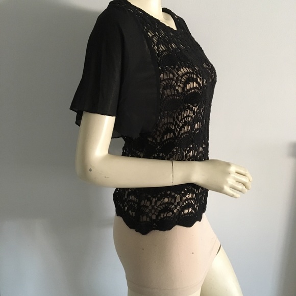 Bcbgmaxazria Black flutter short sleeve crochet top. size small - Picture 3 of 7